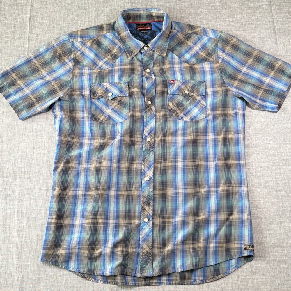 Quiksilver Plaid Snap Shirt Mens Large Blue Western Short Sleeve Pearl Snap Y2k